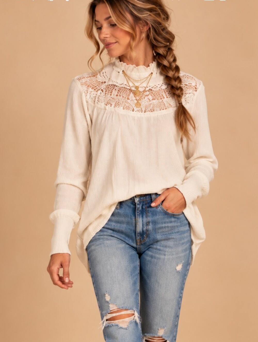 Free People Ivory Lace Yoke Thermal Top Oversized Boho Small NWOT